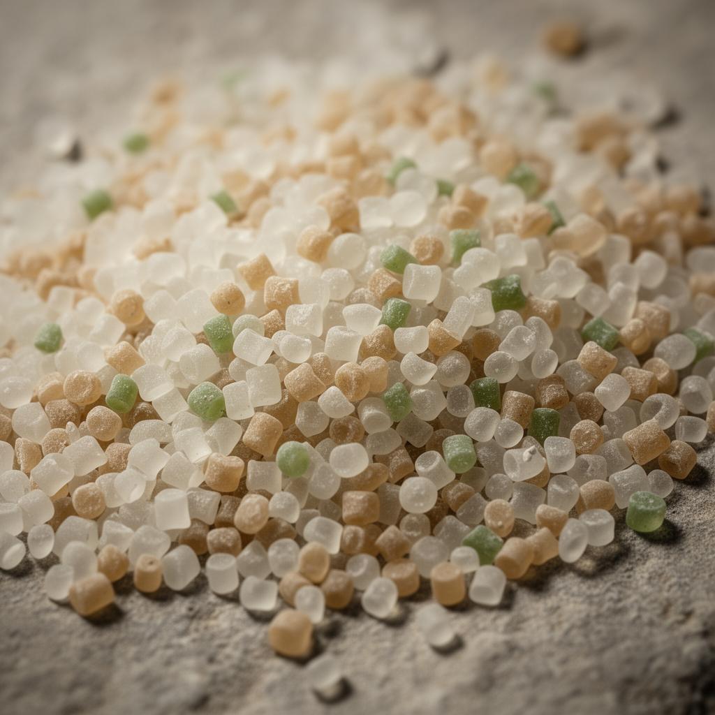 Macro de granulés Futurapack — compound biosourcé en pellets translucides