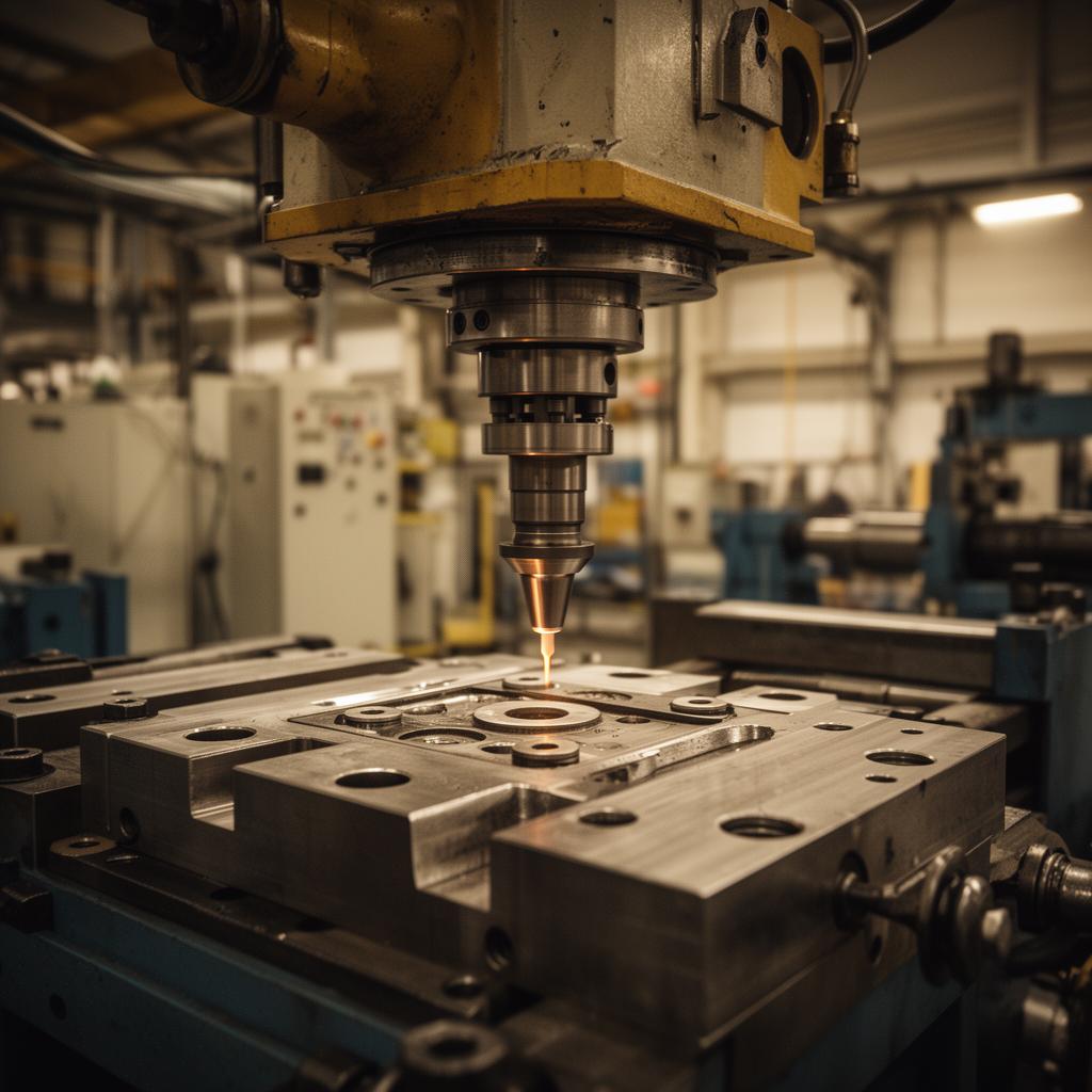 Presse à injection en production, vue rapprochée du moule